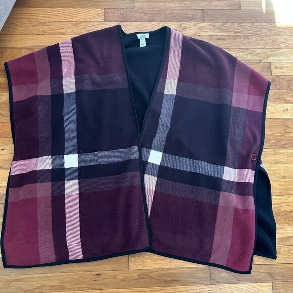D&Co Burgundy & Black Plaid Open Front Poncho Cape XL/1X - Picture 7 of 9